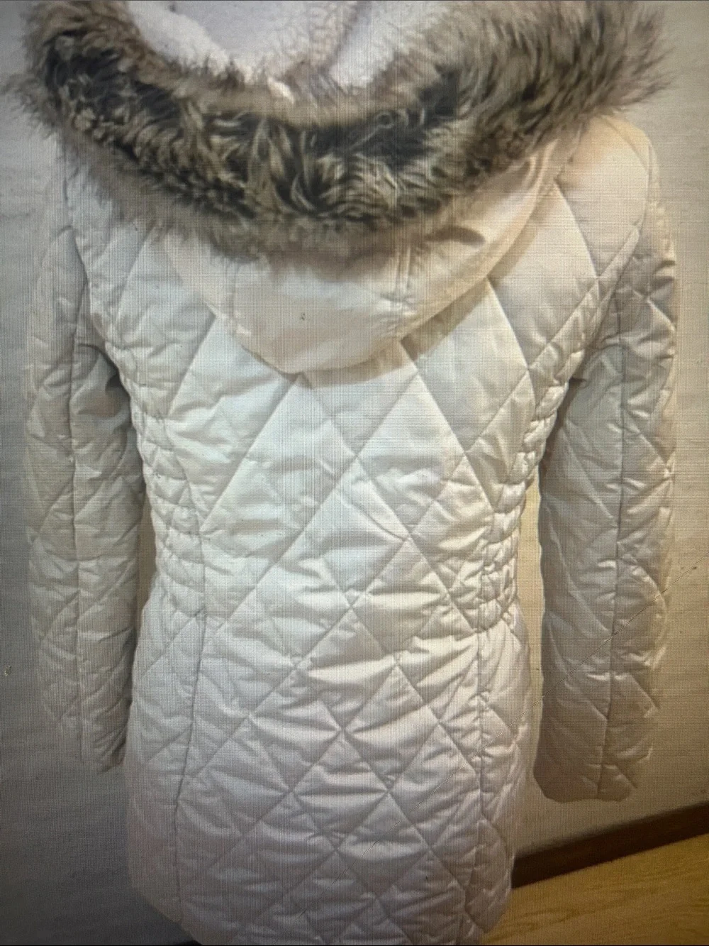 Girls Cream Quilted Hooded Puffer with Faux Fur Trim, Size 14-16
